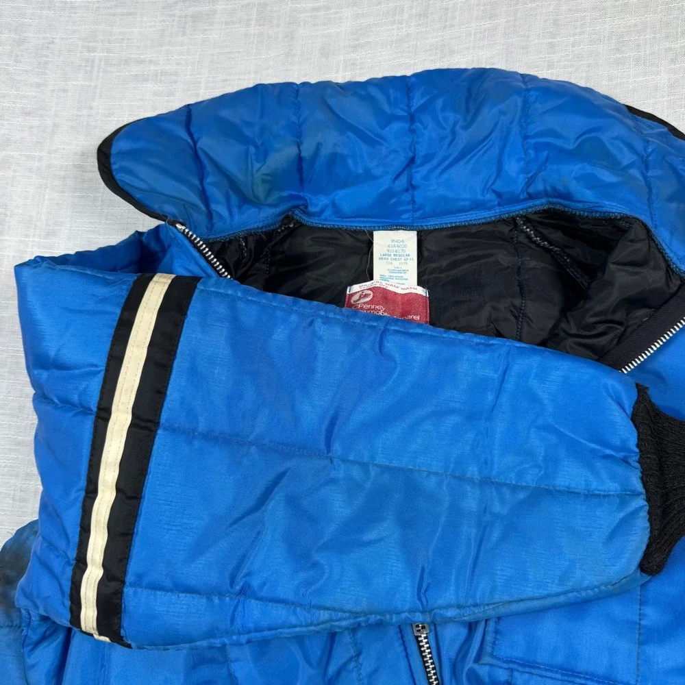 VTG JCPenney Snowmobile Ski Suit Men L Blue Coveralls Hood Belted Retro Gorpcore